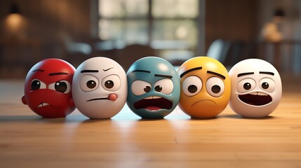 3D emoji character with faces showing various emotions, soft focus