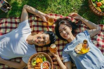 Asian Couple having a picnic laying down together 