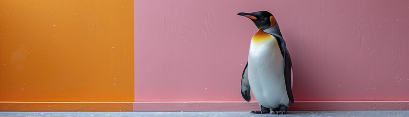 Fototapeta premium Penguin in an Ice Cream Shop, minimal black and white decor with pastel color splashes for a fun, family friendly business image.