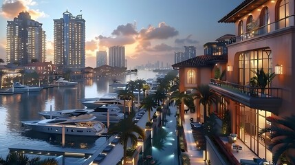 HD wallpaper of a luxury marina development with modern waterfront homes, yachts docked nearby, and vibrant nightlife