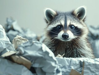 Obraz premium Discover the charming tale of a raccoon thriving in the recycling industry, set against serene gray and blue hues for eco-friendly features.