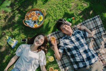Fototapeta premium Asian Couple having a picnic laying down together 