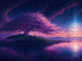 Ultra wide angle of mystical sunset scene showing full of clouds starry night, there is one tree reflection on the sea at center Generative AI