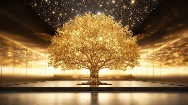 3D render of shimmering gold tree in modern room, elegant