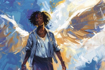 A beautiful painting of a woman with angel wings. Perfect for art lovers and spiritual themes