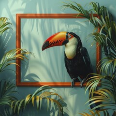 Obraz premium Experience a tranquil oasis with a toucan in a tropical resort office, set in serene green and blue hues ideal for travel branding.