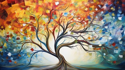 Abstract tree, vibrant multicolor leaves, swirling branches, soft focus background