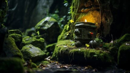hidden cave shrine for Pan with moss-covered stones torches and music