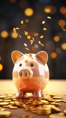 Piggy bank with sparkling gold coins falling, bright lighting, clear focus, joyful mood