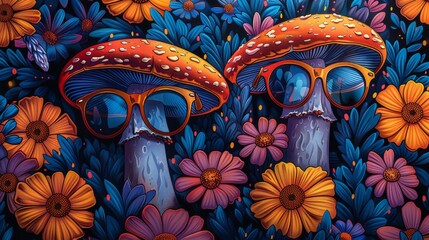 Decorative, sticker, print set of 70s groovy elements in modern format, including flowers, mushrooms, rainbows, tape, eyes, lips, thunder, smile faces, sunglasses, and tape. - obrazy, fototapety, plakaty