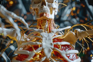 A model of a human skeleton with a red and yellow color scheme. Suitable for medical and educational purposes