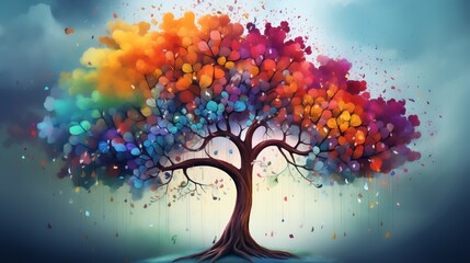 Fantasy tree, rainbow leaves dangling, surreal bright backdrop, high saturation