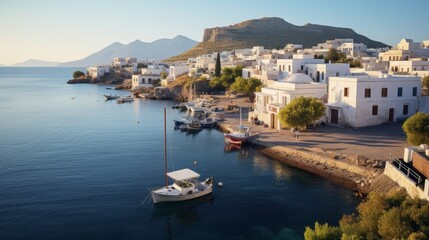 tranquil Greek island at sunrise with a picturesque harbor and fishing boats
