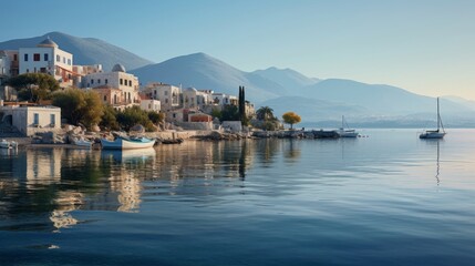 Fototapeta premium tranquil Greek island at sunrise with a picturesque harbor and fishing boats