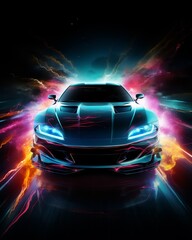 High-speed sports car, glowing neon underlights, dark stormy backdrop, close-up