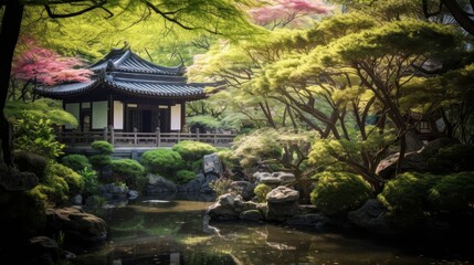 serene temple garden where philosophers reflect amidst tranquility