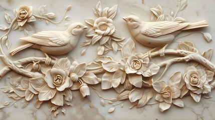 3D carved from marble birds , with flowers and leaves on the background
