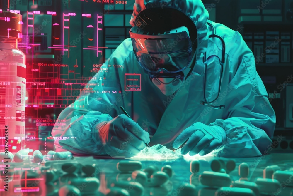 Poster a man in a lab coat and goggles working on a machine. suitable for science and technology concepts