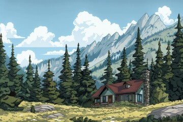 The cartoon house is located in a clearing surrounded by tall pine trees. In the background are mountains and a lake. The sky is blue with white clouds.