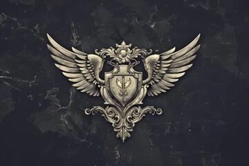 A majestic gold crest with wings on a dark black background. Perfect for luxury and elegance concepts