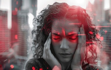 Woman with intense headache, touching temples, visualized pain in red.