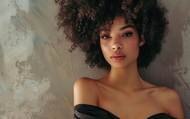 Woman with voluminous curly afro hair in a sleek dress, posing elegantly.