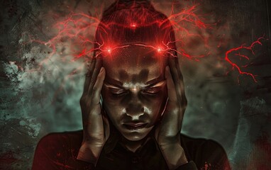 Woman with intense headache, touching temples, visualized pain in red.