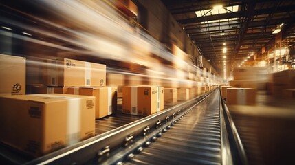 Fast-moving conveyor belt in a warehouse, showcasing a blur of packages in motion, symbolizing efficiency and rapid logistics