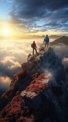 Two hikers on a rocky mountain peak during sunrise, showcasing adventure and accomplishment