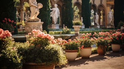 Serene Roman garden with flowers and statues