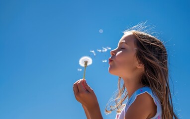 Young girl blowing a dandelion under a clear blue sky.