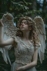 A woman wearing a white dress with angel wings, perfect for heavenly themed projects