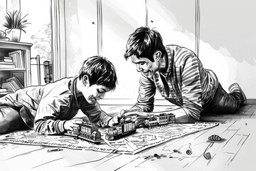 A man and a boy laying on the floor playing with a train. Suitable for family activities concept