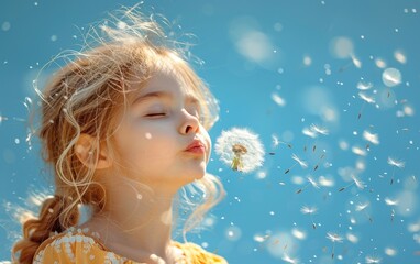 Young girl blowing dandelion seeds into a clear blue sky.