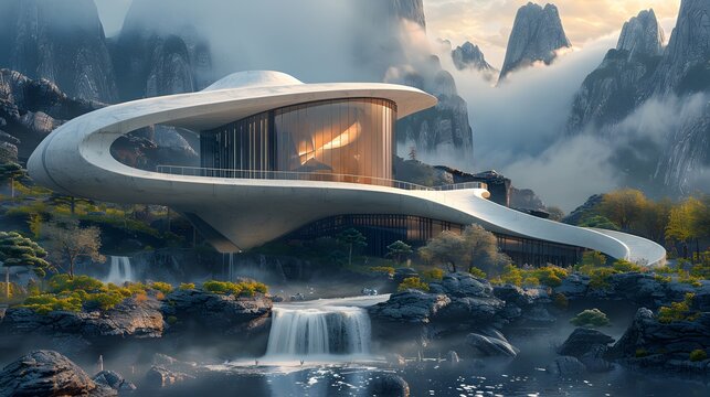 HD wallpaper of a modern architectural masterpiece with unique structural elements, set in a dramatic landscape.