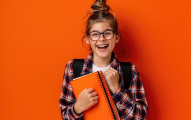 Young girl in plaid shirt, excitedly holding an orange notebook, orange background.