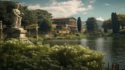 Roman countryside villa with terraced gardens and Roman deities' statues
