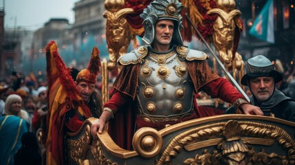 Fototapeta premium Roman circus parade celebrates with floats chariots and performers