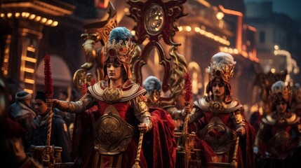 Roman circus parade features floats chariots and performers in festive celebration