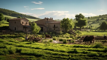 Naklejka premium Roman countryside farmstead has farmers tending crops and livestock