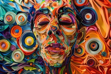 Close up of a person's face made out of colorful paper. Suitable for creative projects