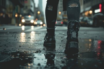 Fototapeta premium Person standing on wet sidewalk in the rain, suitable for weather concept designs
