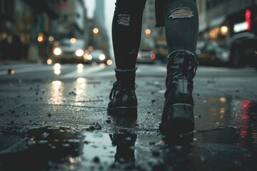 Person standing on wet sidewalk in the rain, suitable for weather concept designs - Powered by Adobe