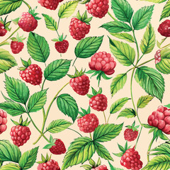 watercolor pattern with raspberry berries and green leaves