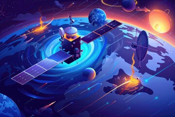 Illustration of a space station orbiting in space. Suitable for science fiction and technology concepts