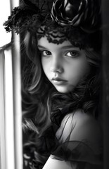 Fototapeta premium girl is posing in her black dress, in the style of black and white contrast