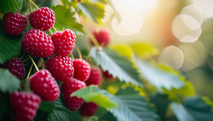 Ripe fresh raspberries. Raspberry branch close-up. Selective focus. AI generated