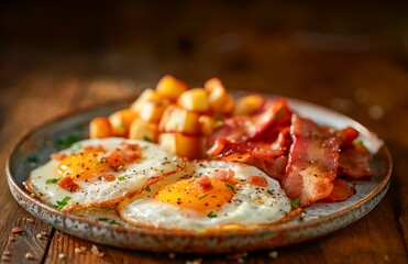 Plate holds a mouthwatering array of eggs, bacon, and potatoes on a rustic wooden table