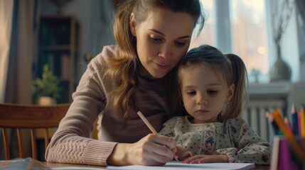 A woman and a little girl sitting together at a table. Perfect for family or education concepts
