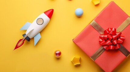 Rocket and gift box on yellow background